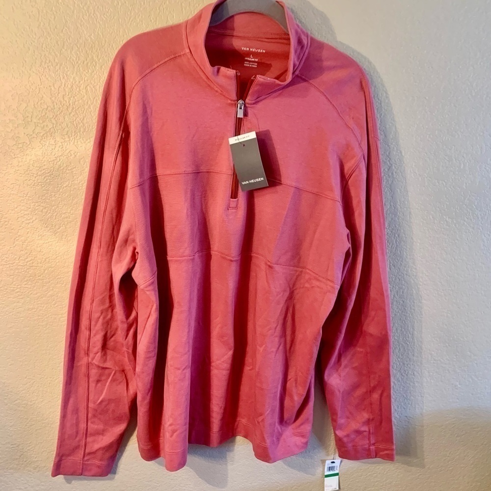 NWT Van Heusen Pullover Top Mens Large Salmon 100% Cotton 1/4 Zip Ribbed Panel